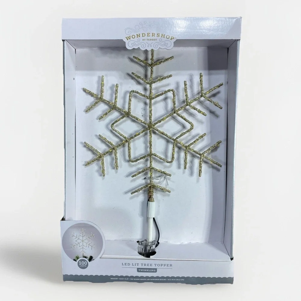 Wondershop Christmas LED Tree Topper‎ Glitter Snowflake Gold White 100 Light NEW